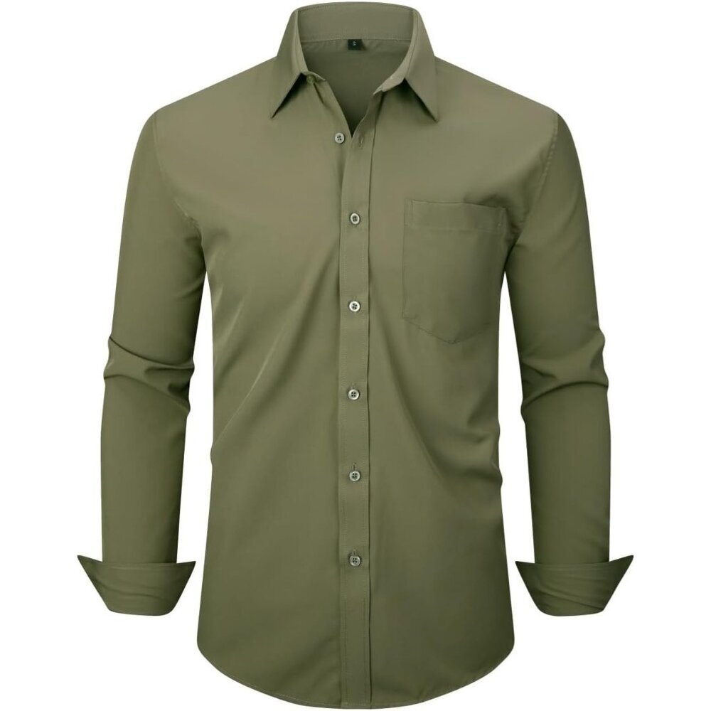 Men's Army Green Dress Long Sleeve Button Down Business Formal Stretch Shirts